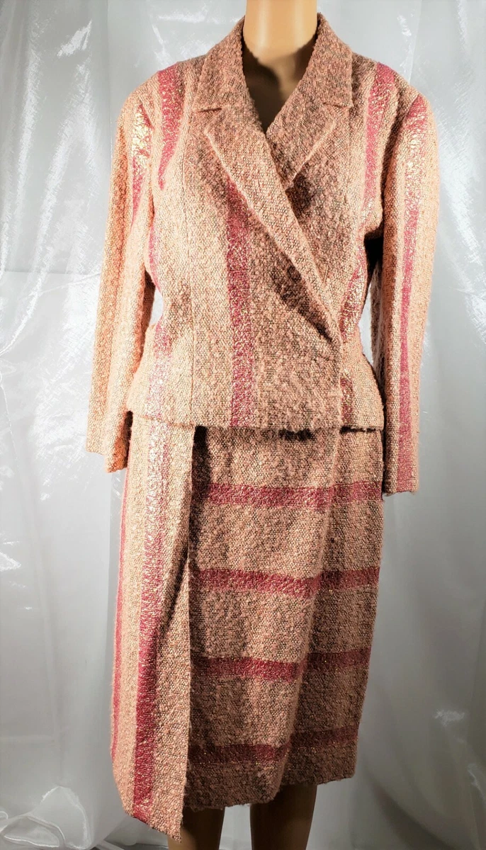 VINTAGE CHANEL SUIT JACKET + SKIRT 42 L TWEED ROSE PINK JACKET SKIRT