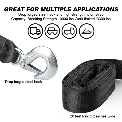 Heavy-Duty 3300 lbs Car Tow Rope Cable Towing Strap With Hooks For Emergency - Picture 2 of 10