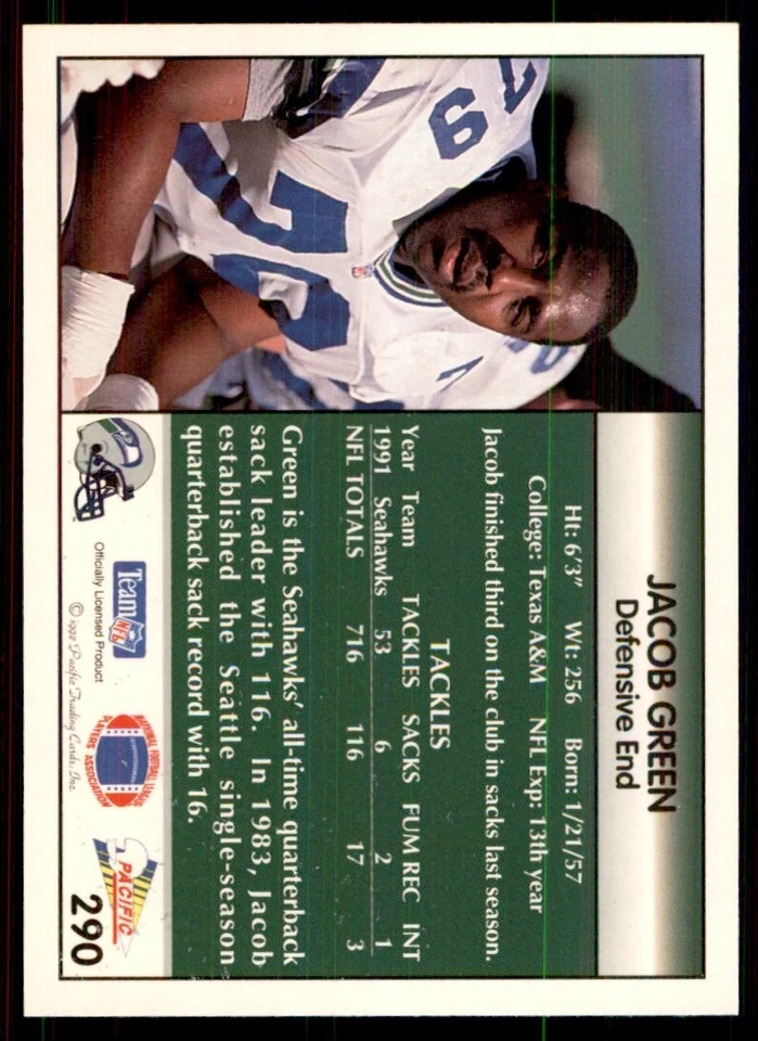 1992 Pacific Jacob Green Football Cards #290 - Image 2 of 2