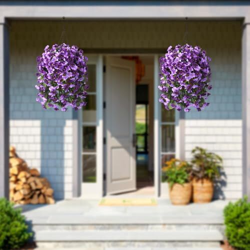 Artificial Fake Hanging Flowers Plants Basket for Spring Outdoor Purple Orchid - Picture 4 of 7