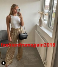 ZARA NEW WOMAN HIGH-WAIST SEQUINNED WIDE-LEG TROUSERS PANT GOLDEN XS-XL 2124/102