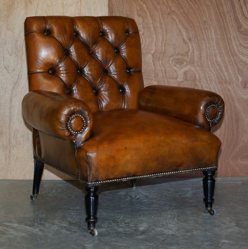 RESTORED PAIR OF ANTIQUE REGENCY BOLSTER ARM BROWN LEATHER LIBRARY ARMCHAIRS - Picture 2 of 12