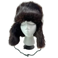 Russian Trapper Hat Aviator Black Leather Brown Fur Ear Flaps Tie Outdoor Size 6