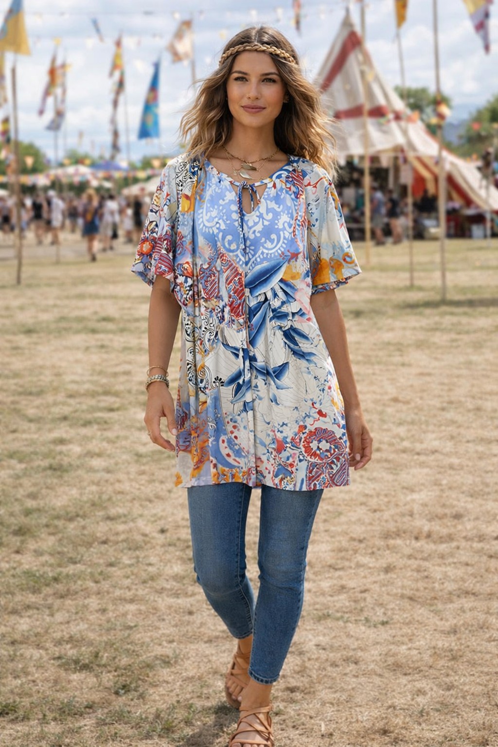 Chico’s Size 1 Tunic Medium M  Top Mini Dress Blue Floral Paisley Boho Stretch