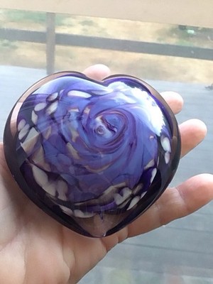 Hand Blown Studio Art Glass Heart Purple Swirl Paperweight 3.5  Floating Rose
