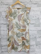 Tahari Womens 2X Linen Flutter Sleeve Shift Dress Tropical Leaft Print Ivory