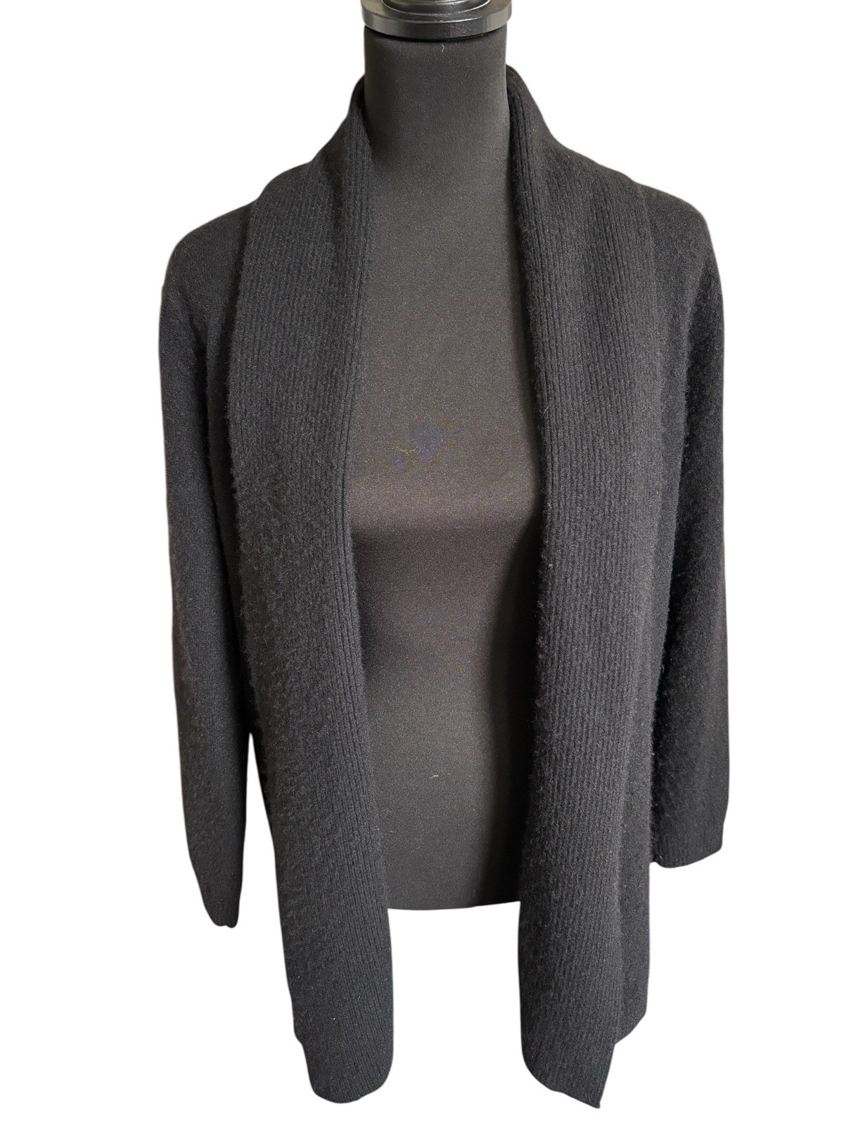 Chicos Women’s L 100% Cashmere Open Front Cardigan Sweater Black Tiny Flaws