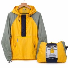 VTG 90s Old Navy Packable Anorak Windbreaker Yellow Navy Colorblock Hooded Men L