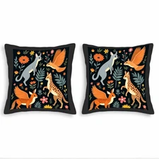 Whimsical Animal & Floral Pattern Throw Pillow Covers - Set of 2 18x18in 
