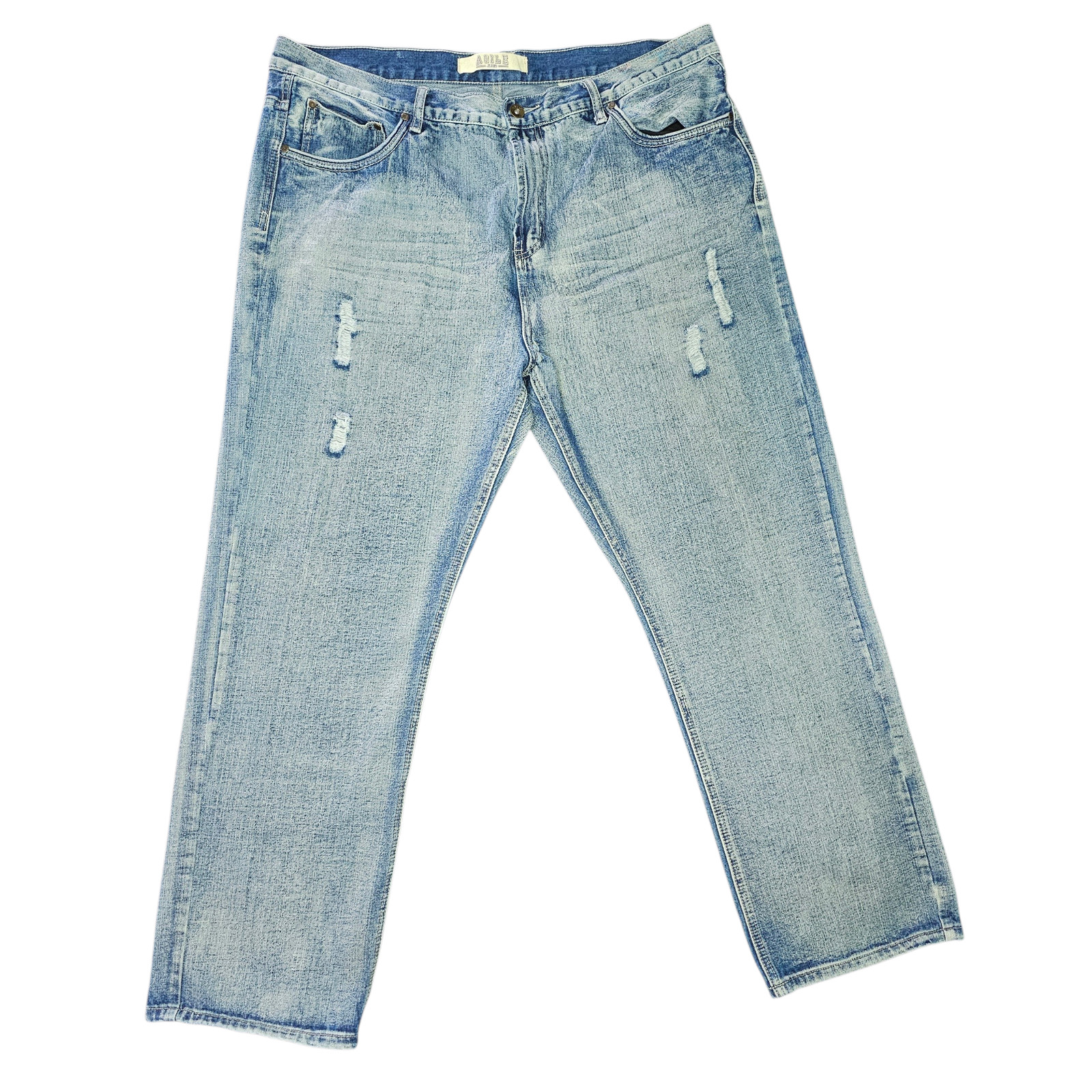 's Size 46 Light Wash Distressed Straight Leg Denim Jeans