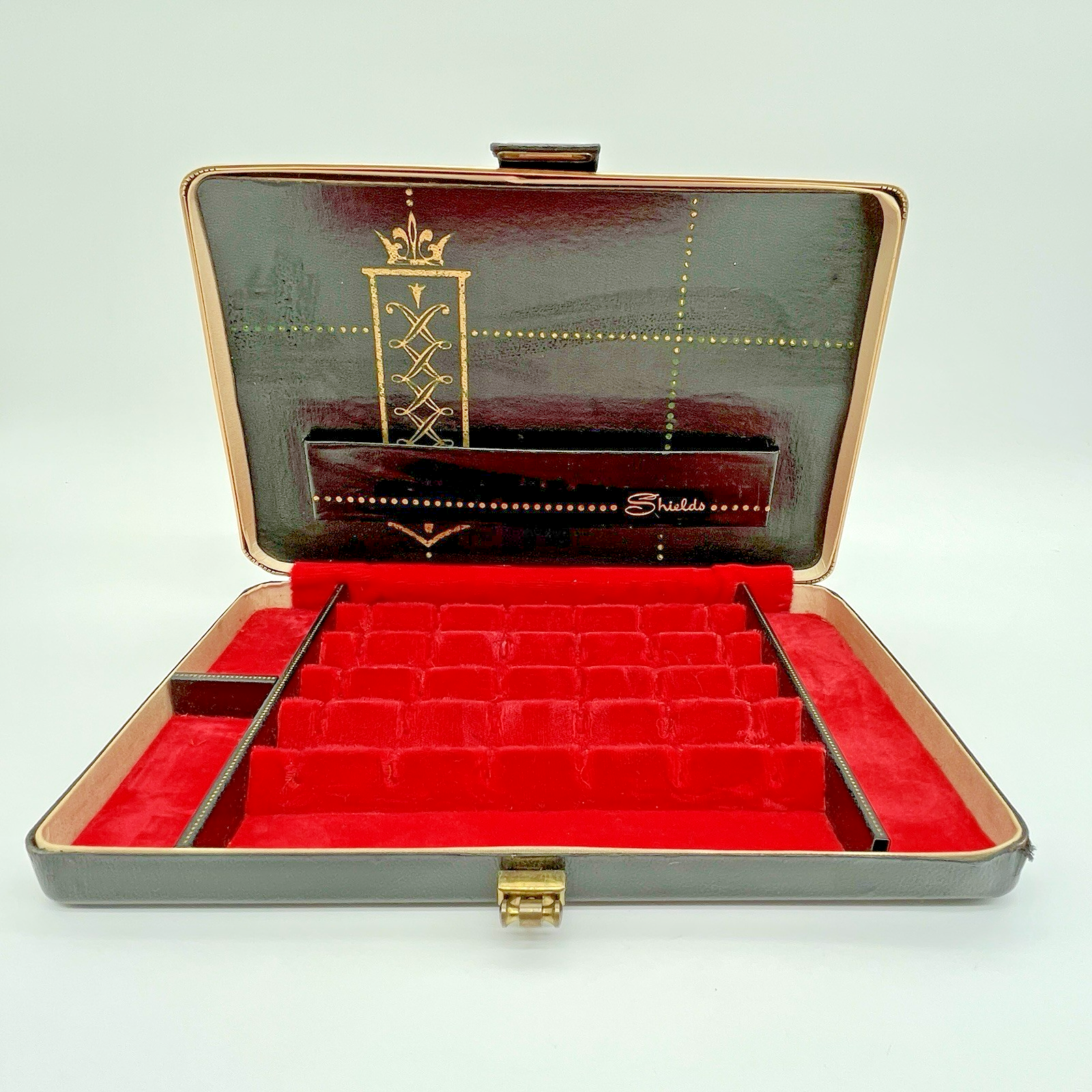 Vintage Mid-Century SHIELDS Men’s Black Leather Cufflink & Tie Clip Box 10x7