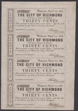 1862 30¢ City of Richmond Virginia Currency Uncut Sheet RARE DENOMINATION