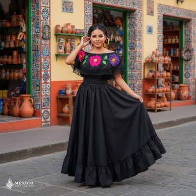 Traditional Mexican Embroidered Floral Dress Set   Handmade Two-Piece