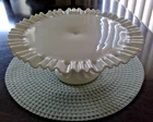 VINTAGE FENTON WHITE MILK GLASS RUFFLED EDGE ROUND CAKE STAND w/ DIVET EUC