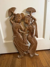 Hand-Carved Balinese Wood Wall Art – Traditional Dancing Couple Sculpture