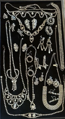 Vintage Estate Costume Jewelry Lot Rhinestone Earrings Necklace Formal Dance +