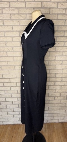 VTG Hearts Long Black Opaque Darted Dress White Pointed Collar Shoulder Pads 5/6 - Picture 5 of 14