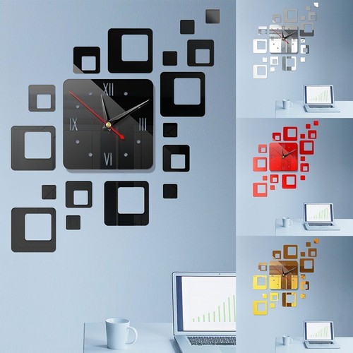 3D DIY Large Number Mirror Wall Clock Sticker Square Heart Decor for Home Office - Picture 2 of 19