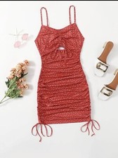 Woman Polka Dot Print Drawstring Cut Out Bodycon Dress