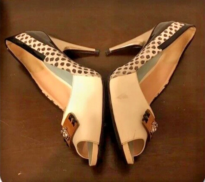 Scarpe décolleté VERSACE MEDUSA punta aperta nero bianco pois vernice pelle tacco TG 38