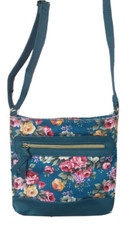 Ladies Bag Flower Print Teal Adjustable Strap Canvas PU Crossbody 5439