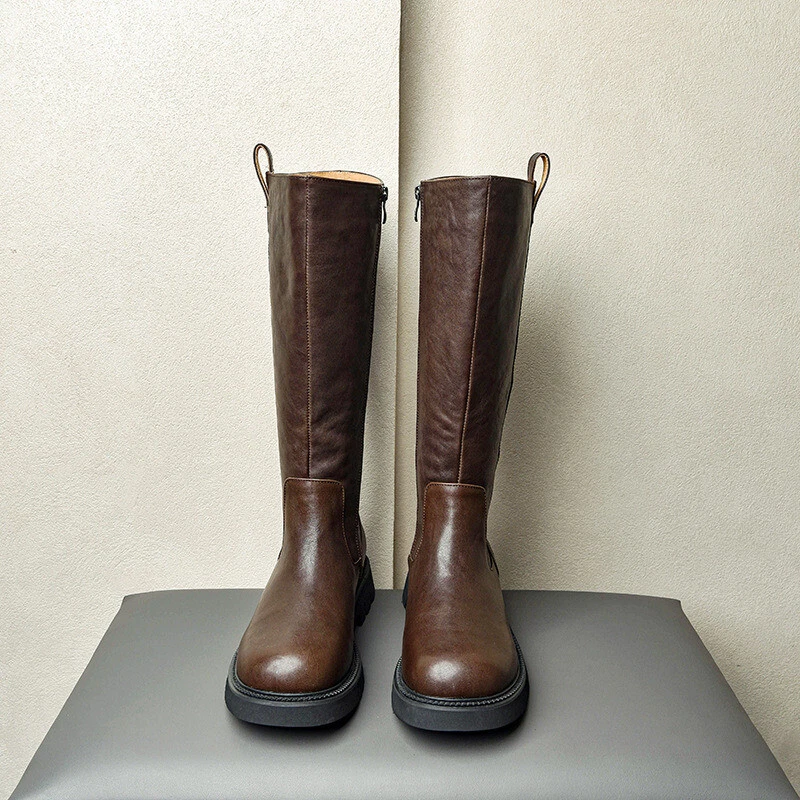 Botas hasta la rodilla de cuero real para hombre zapatos de montar de caballero punta redonda estilo occidental 44 Foto 2 de 4