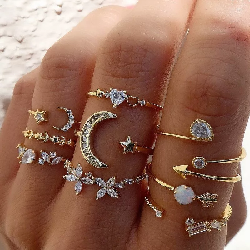 2023 Women Boho Retro Color Gold Finger Knuckle Rings Set Holiday