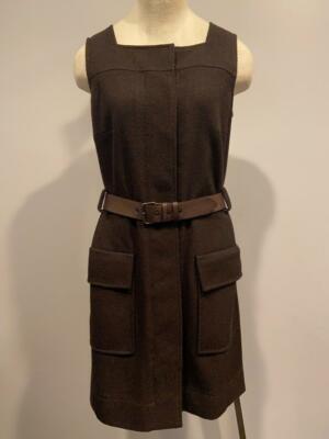 Akris Punto Dress Brown Ribbed Wool Sleeveless Leather Belt Pockets NWT 8