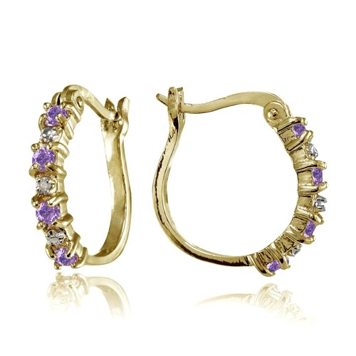 Yellow Gold Flashed 925 Silver Polished Simulated Amethyst Round Hoop Earrings - 第 1/4 張圖片