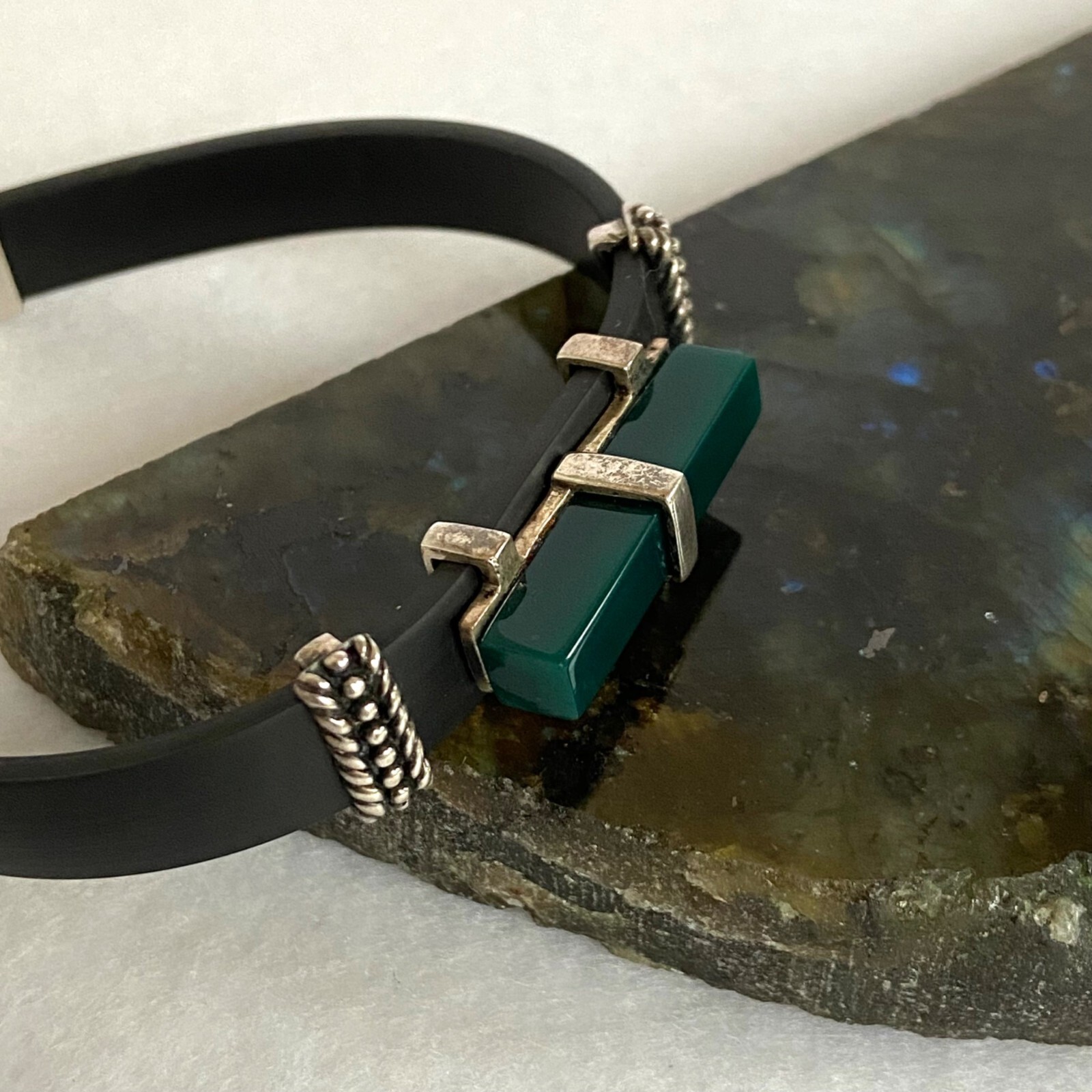 Sterling Silver 925 Rectangular Green Acrylic Bla… - image 8