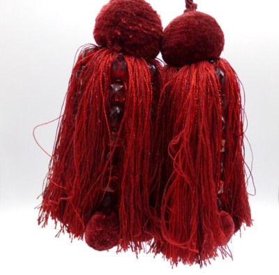 Pom Pom Tassels One Pair Red with red beads 9'' great Christmas Decor!