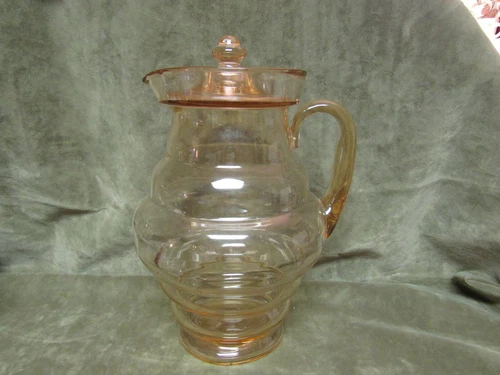 Vintage 1930's Dunbar Glass Art Deco Stacked Rings Pink Depression Pitcher w/lid