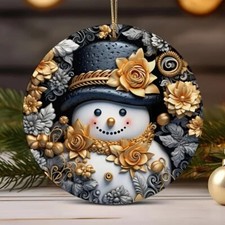 SNOWMAN Stained Acrylic Christmas Ornament 3" BLACK  GOLD