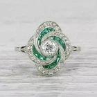 Art Deco Lab Created Diamond Emerald Swirling Engagement 14K White Gold FN Ring