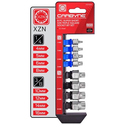 CARBYNE Super Short XZN Triple Square Socket Bit Set, 8 Piece, 4mm to 16mm