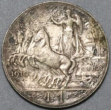 1910 Italy 1 Lira AU Horses Chariot Quadriga Rome Mint Silver Coin (23112801R)