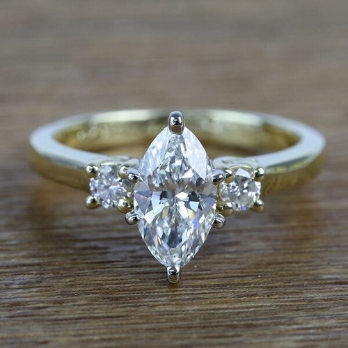 Solid 10k Two Tone Gold 9X4.5 MM Near White Marquise Moissanite Engagement Ring
