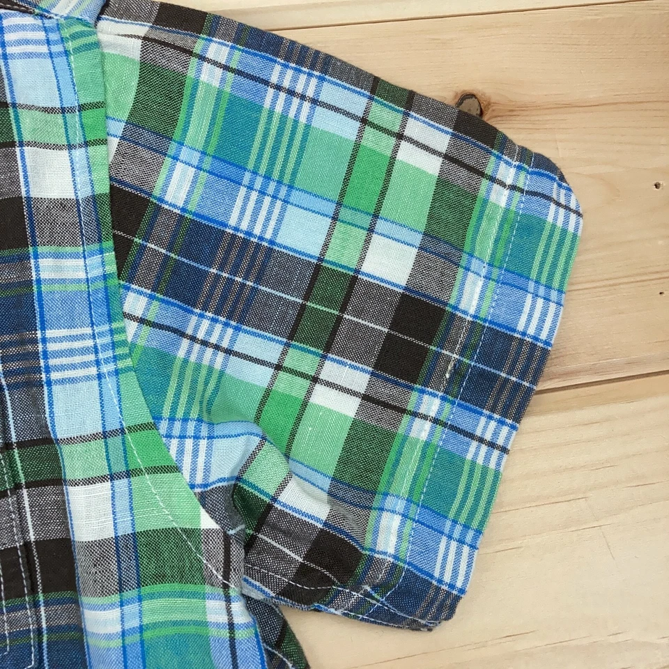 Рубашка на пуговицах Gap Kids для мальчиков маленькая с коротким рукавом зеленая коричневая льняная хлопковая смесь - Изображение 4 из 4