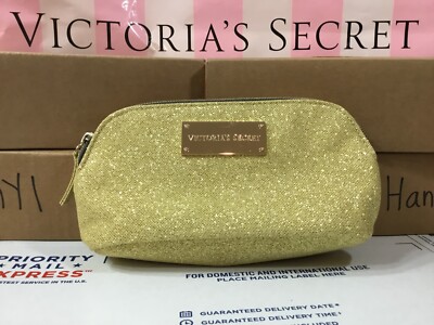 VICTORIA'S SECRET GOLD SPARKLY SPARKLE MAKEUP BAG FULL ZIP PENCIL POUCH
