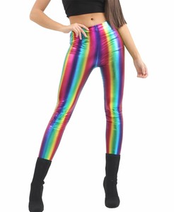 New Rainbow Metallic Ladies Womens PVC High Waist Legging Shiny Retro Disco Pant