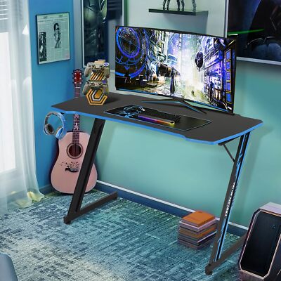 39.4'' Gaming Desk Z Shaped PC Computer Desk Ergonomic Office Home Table Blue