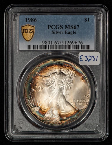 1986 1 oz Silver American Eagle - Rainbow Toning - PCGS MS 67 - SKU-E3231