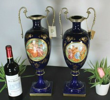 pair italian cobalt blue porcelain victorian scene vases 
