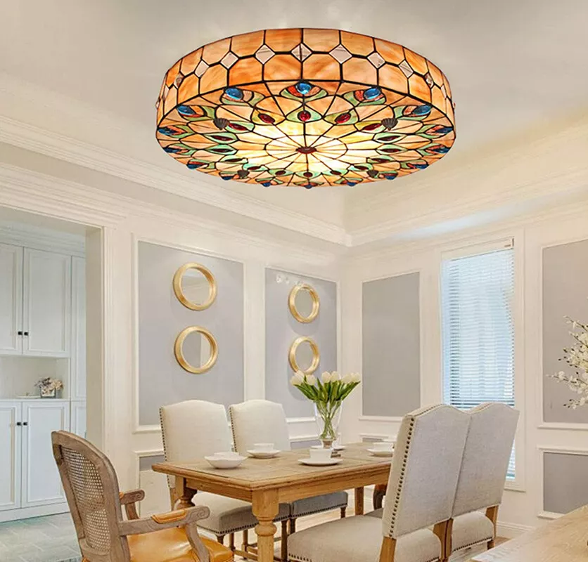 Tiffany Peacock Tail Chandelier Stained Glass Ceiling Light Flush