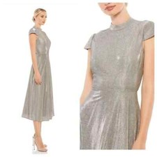 Mac Duggal Metallic Cap Sleeve Tea-Length Dress 26151 Sz 4 NEW $378 Silver