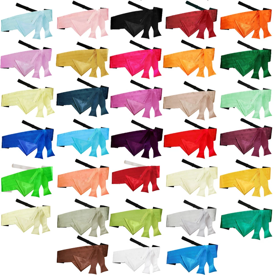 Mens Satin Plain Solid Self Tie Bow Tie Cummerbund Handkerchief Hanky Set by DQT