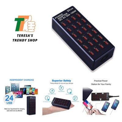 24-Port 100 watt 20 A USB Charging Station, Home Desktop Fast Charger, Multip...