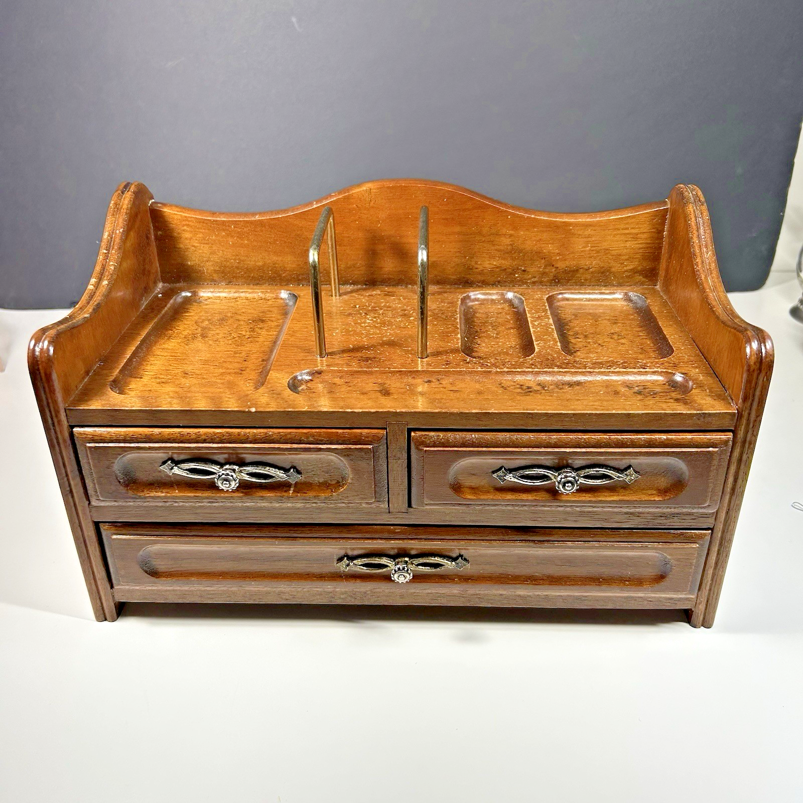 Vintage Mahogany Wood Jewelry Box Chest Three Drawers