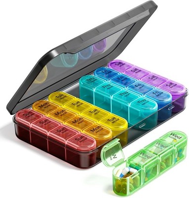 Odaro Weekly Pill Organizer 4 Times a Day, BPA Free Daily Box 7 Rainbow 