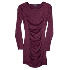 Express Dress Womens Medium Plum Purple Very Good Ruched Metallic Long Sleeve